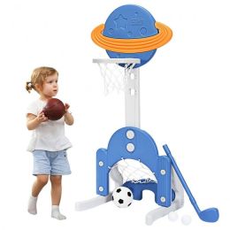 Kids Fitness Playing Game 3-in-1 Adjustable Basketball Hoop Sets (Color: Navy, Type: Exercise & Fitness)